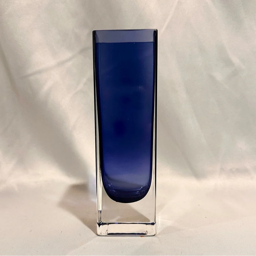 Mid-Century Murano Somerso Style  Sapphire Blue Square Vase